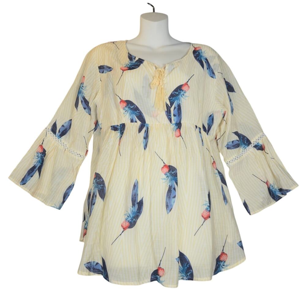 Yak & Yeti Women Large Top Novelty Leaves Striped Lightweight Boho Tunic Peasant